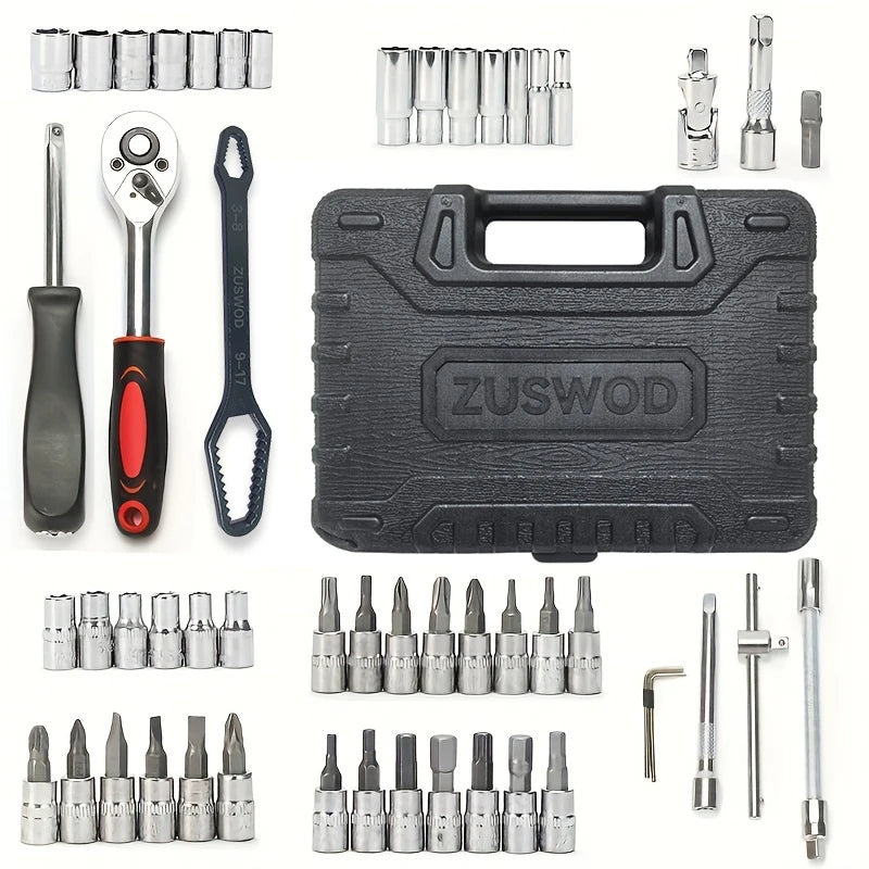 Zuswod Household ratchet wrench socket tool set, car/bicycle repair machinery tool kit, 1/4 "drive depth and standard socket, professional racing grade car parts repair quick ratchet wrench and other car repair parts tool kit