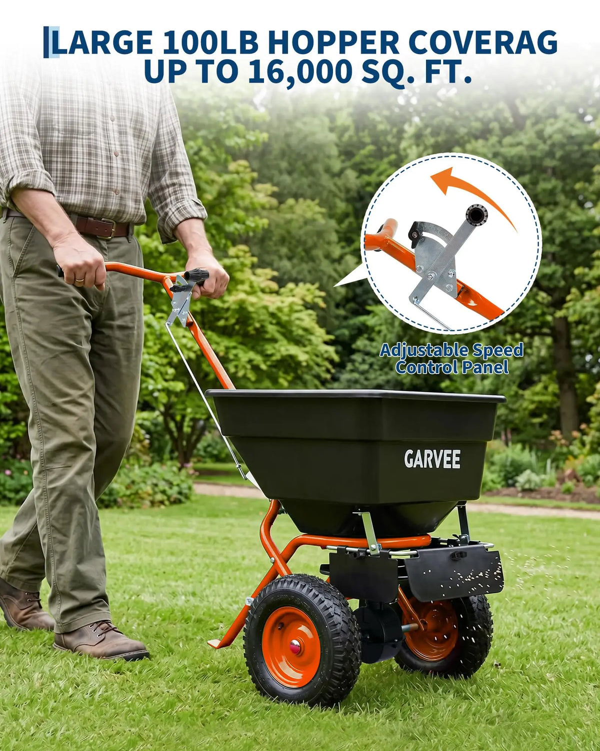 HiMiss Push Lawn Spreader 100lb Broadcast Spreader With Rain Cover Gloves 12ft Spread Width Adjustable Seed Fertilizer Salt Spreader