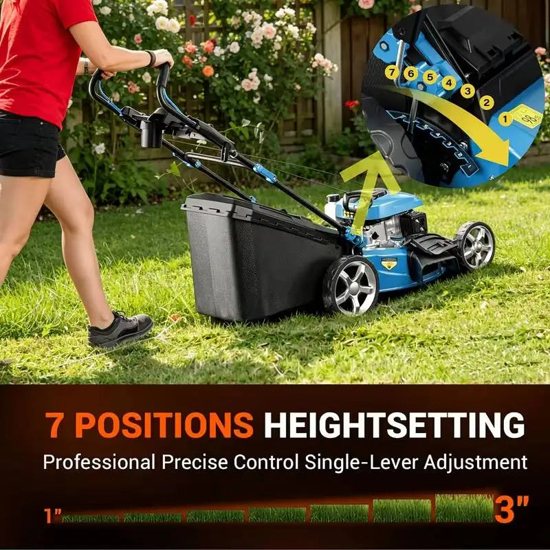 201cc 4-Stroke 2800RPM Self-Propelled Gas Lawn Mower, 21" Cutting Deck Gas Powered Hand Push Lawn mower, 7 Levels Adjustable Cutting Height, 3-in-1 Functions (Bagging, Mulching and Side Discharge) for Medium Large Yard