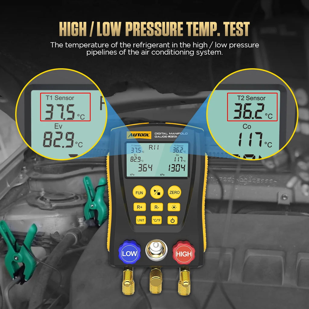 AUTOOL LM120+ Digital Refrigeration Pressure Gauge, Air Conditioning Temperature Detector, Multi-Function Vacuum Pressure Test Tool Kit