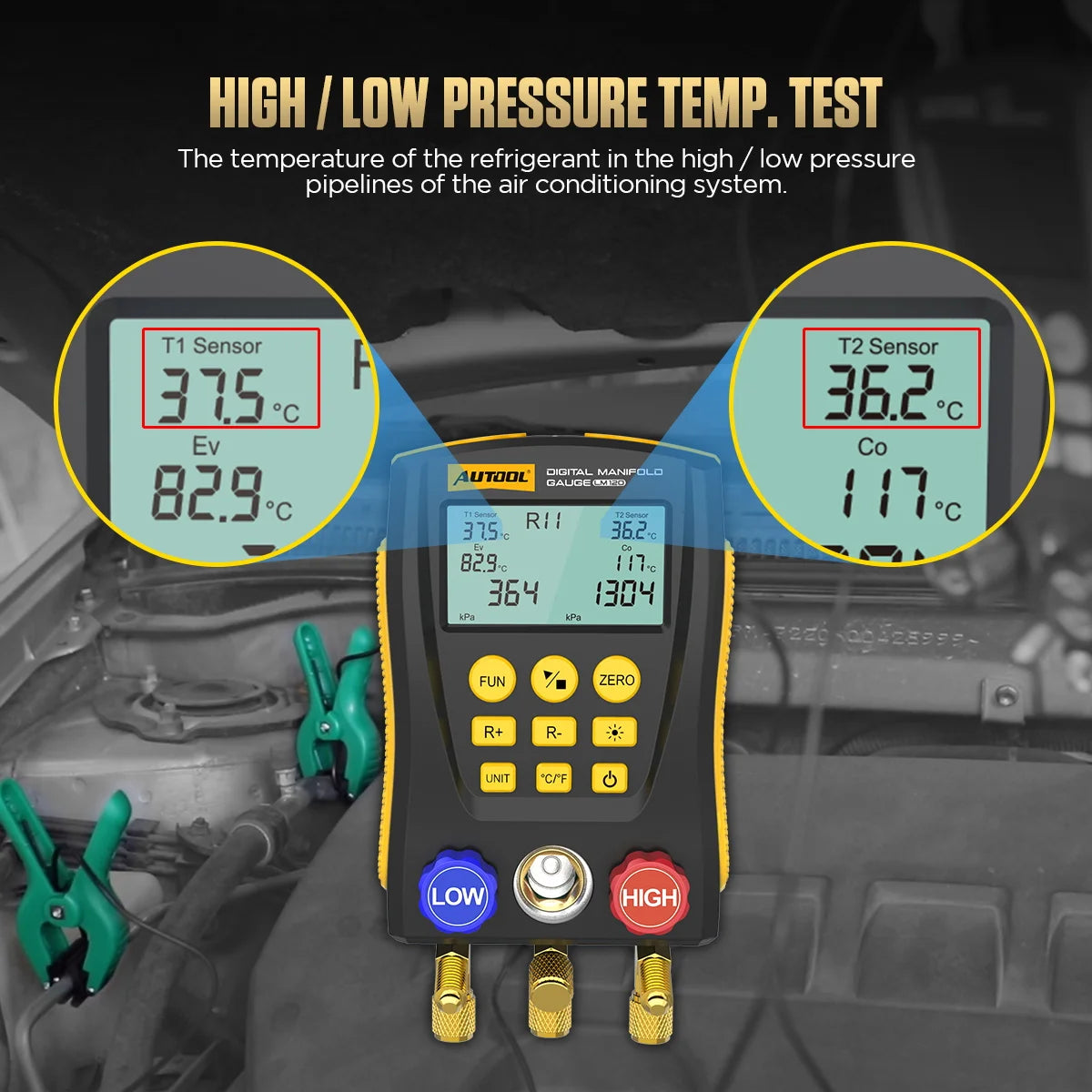AUTOOL LM120+ Digital Refrigeration Pressure Gauge, Air Conditioning Temperature Detector, Multi-Function Vacuum Pressure Test Tool Kit
