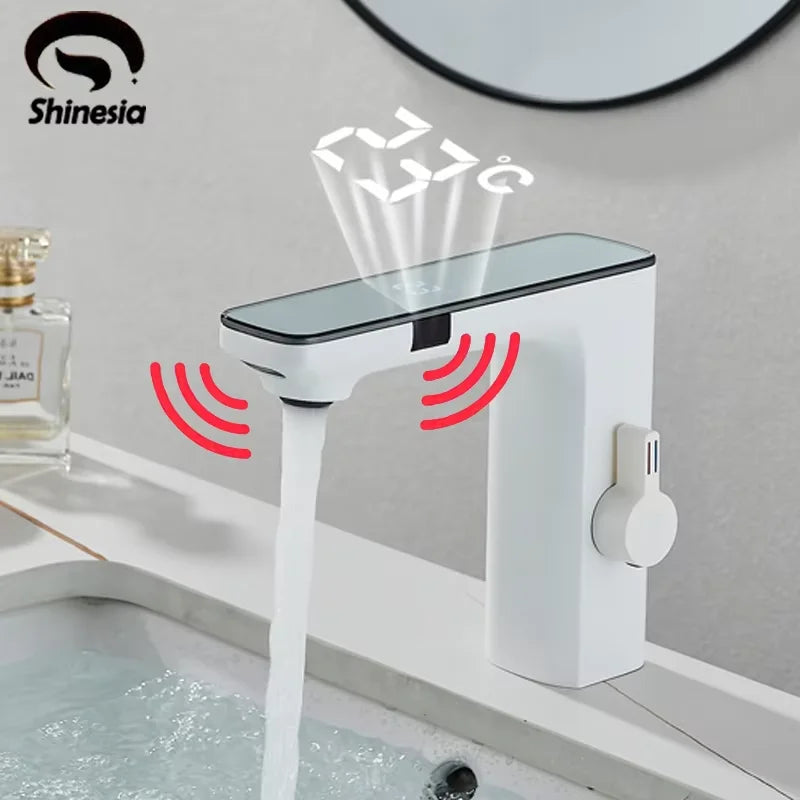 Bathroom Sink Faucet, Sensor On/Off, Digital LED Water Temperature Display, White Or Chrome Available