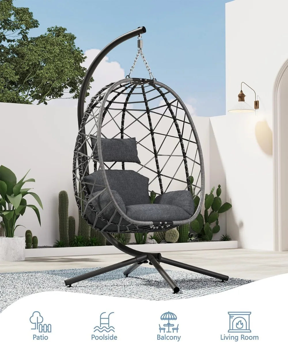 Hanging Egg Chair with Stand, Outdoor Rattan Wicker Swing with Cushion, Heavy Duty Patio Hammock for Garden, 400LBS Capacity