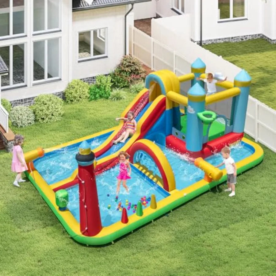 YAO HUI HUANG Outdoor inflatable water slide combo for kids: PVC material blue and yellow mega splash pool + long wet slide + bouncy castle d