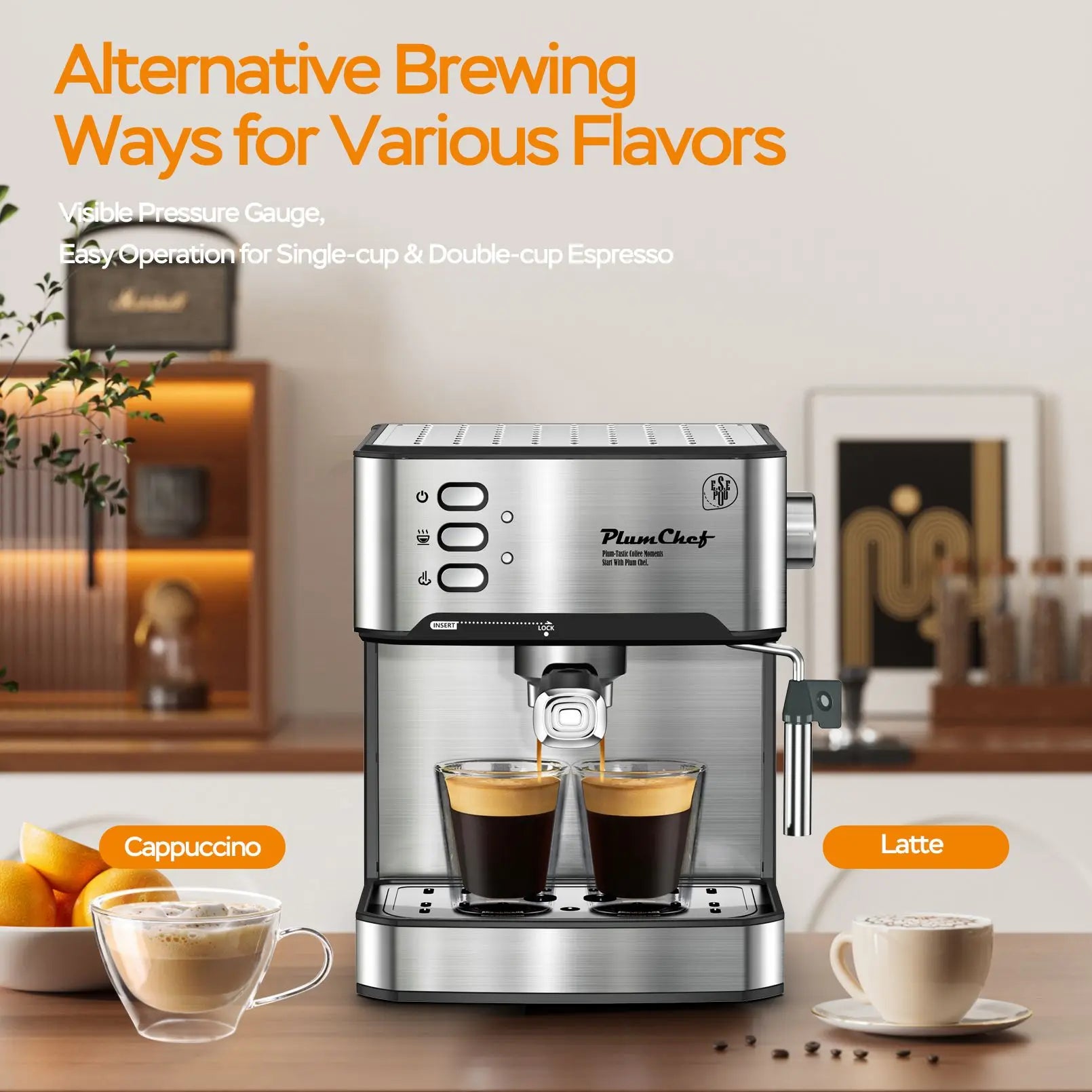 Plum Chef Espresso Machine 20 Bar Professional Compact Homehold Coffee Espresso Maker with Milk Frother Steam Wand 54oz Water Tank Low Noise and Fast Coffee Machine