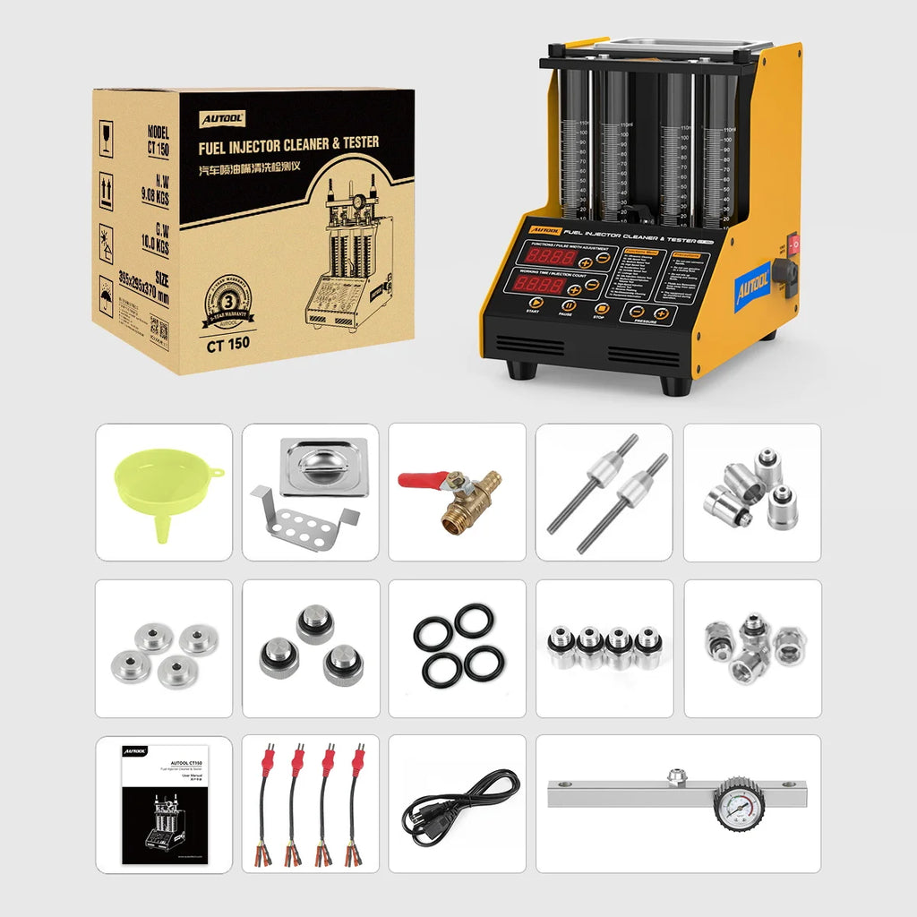 AUTOOL CT150 Ultrasonic Fuel Injector Cleaner & Tester Machine,4‑Cylinder Simultaneous Test & Clean,28KHz,110V with Drain Valve,for Petrol Car Motorcycle Fuel Injector Maintenance
