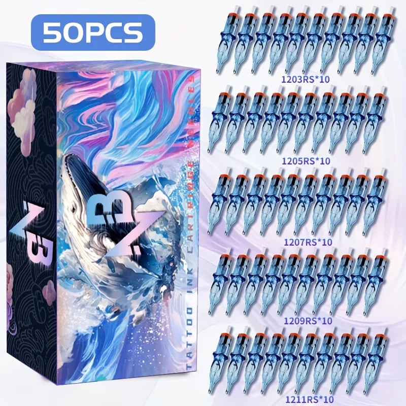 50 Pcs Blue Whale Tattoo Cartridge Needle, 1203Rs/1205Rs/1207Rs/1209Rs/1211Rs, Disposable Mixed Size Tattoo Needle, Standard Round Liner, for Tattoo Artists and Beginners