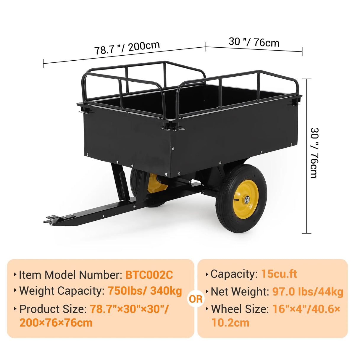 750 lb Steel Dump Cart 17 Cu Ft ATV Utility Trailer, Removable Sides, Pull Behind Lawn Mower Tractor UTV Garden Yard Hauler