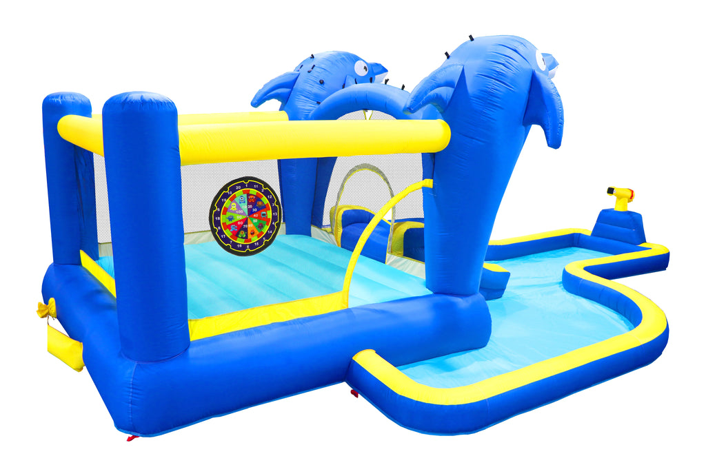 8 in1 Inflatable Slide Water Park Trampoline Bouncing House Outdoor Garden With Dolphin Sprinkler Target Games Water Gun Basketball