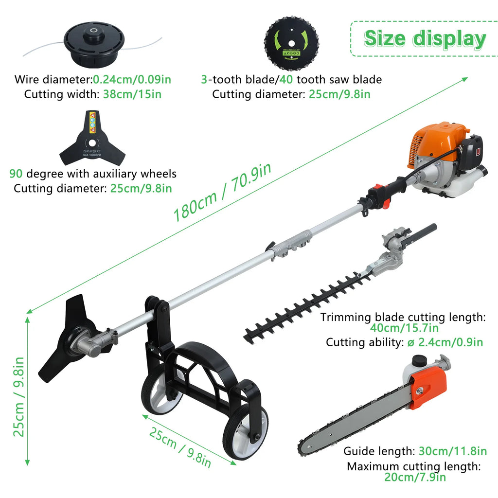 8 in 1 Weed Wacker, Trimmer, Edger, Chainsaw, Gas Powered, 52CC 2-Cycle