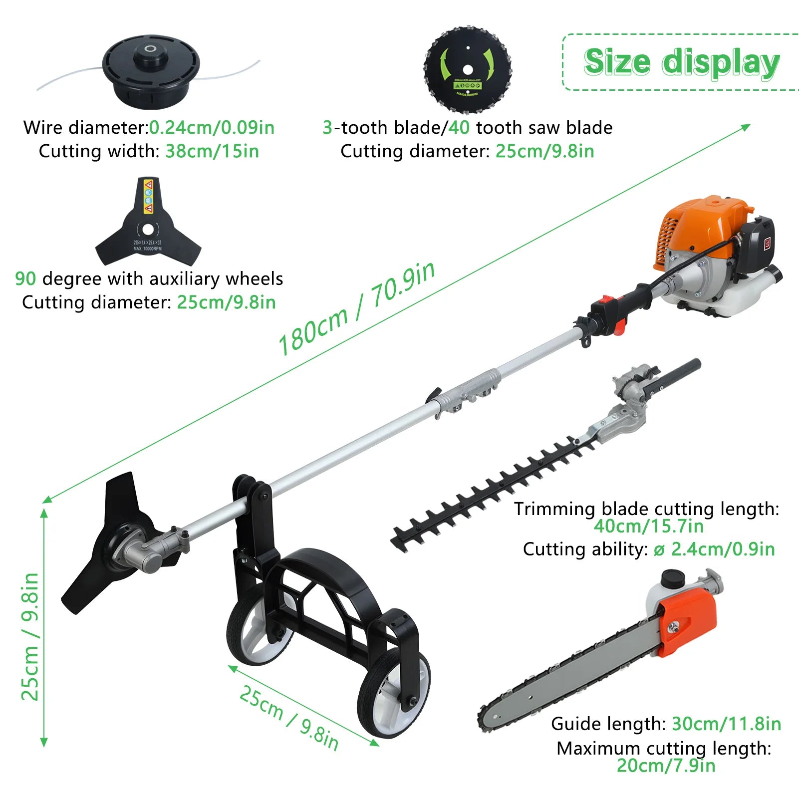 8 in 1 Weed Wacker, Trimmer, Edger, Chainsaw, Gas Powered, 52CC 2-Cycle