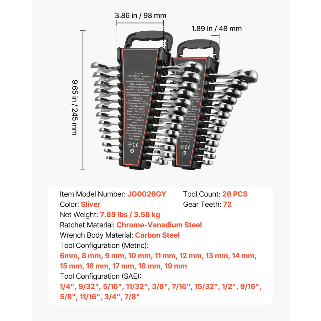 SucceBuy Combination Wrench Set Steel Ratcheting Wrench Set with Rack Organizer Size Labels for Household Automotive Repairs