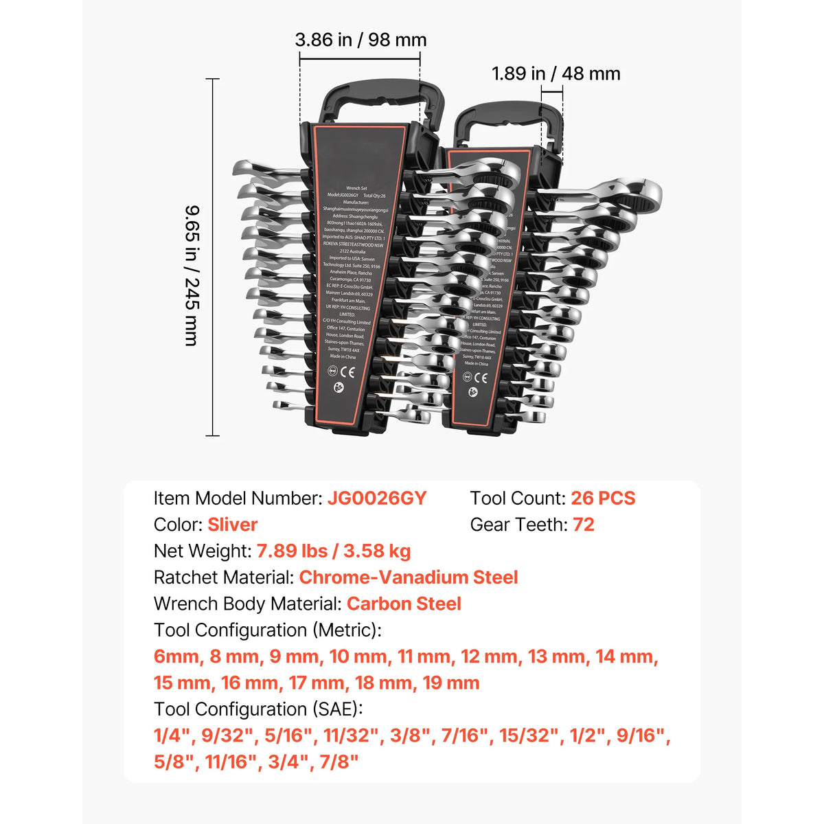 SucceBuy Combination Wrench Set Steel Ratcheting Wrench Set with Rack Organizer Size Labels for Household Automotive Repairs