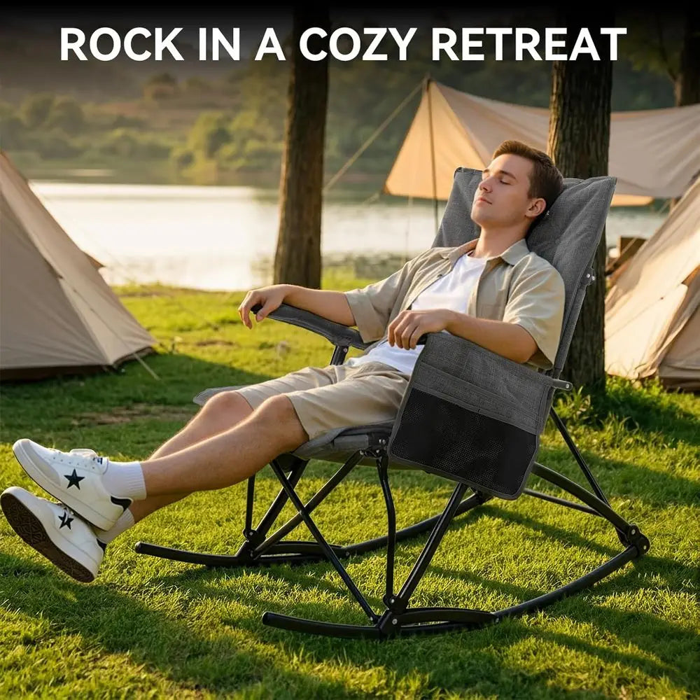 High-Back Padded Outdoor Rocking Chair for Camping, Lawn, and Patio, Portable Heavy-Duty Rocker, Supports Up to 400 lbs, Grey