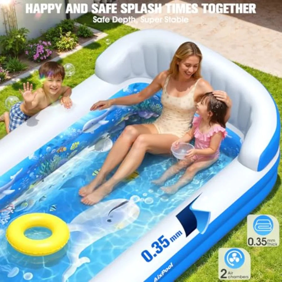 2026 AixPool Inflatable Pool with Sprinkler, Durable Blow-up Pool with Big Backrest, Rectangle Pool Backyard, Swimming Pool, Small Infl