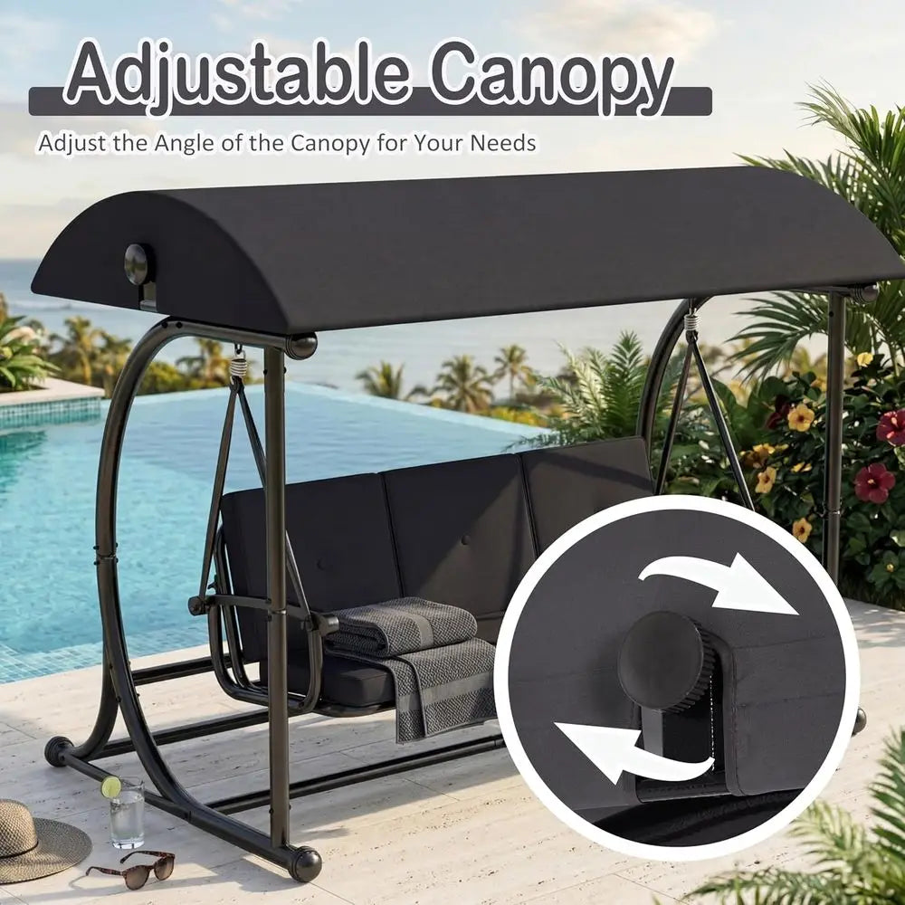 Patio Porch Swing Chair with Canopy, 3-Person Outdoor Hammock Bench with Comfortable Cushions