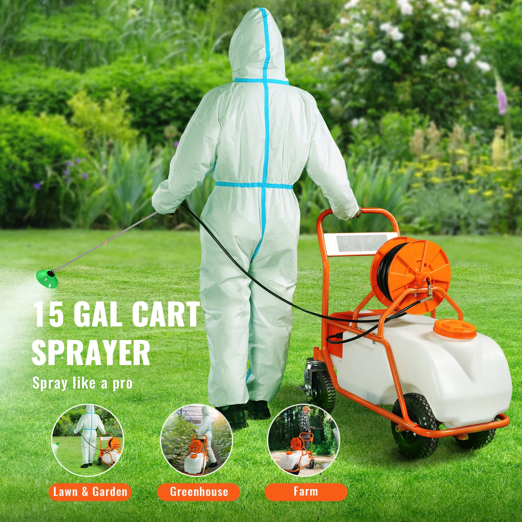 SucceBuy Battery Powered 15 Gal Garden Weed Sprayer with Wheeled Cart, 126FT Hose with Reel 8 Nozzles 2 Wands with Lock for Crop