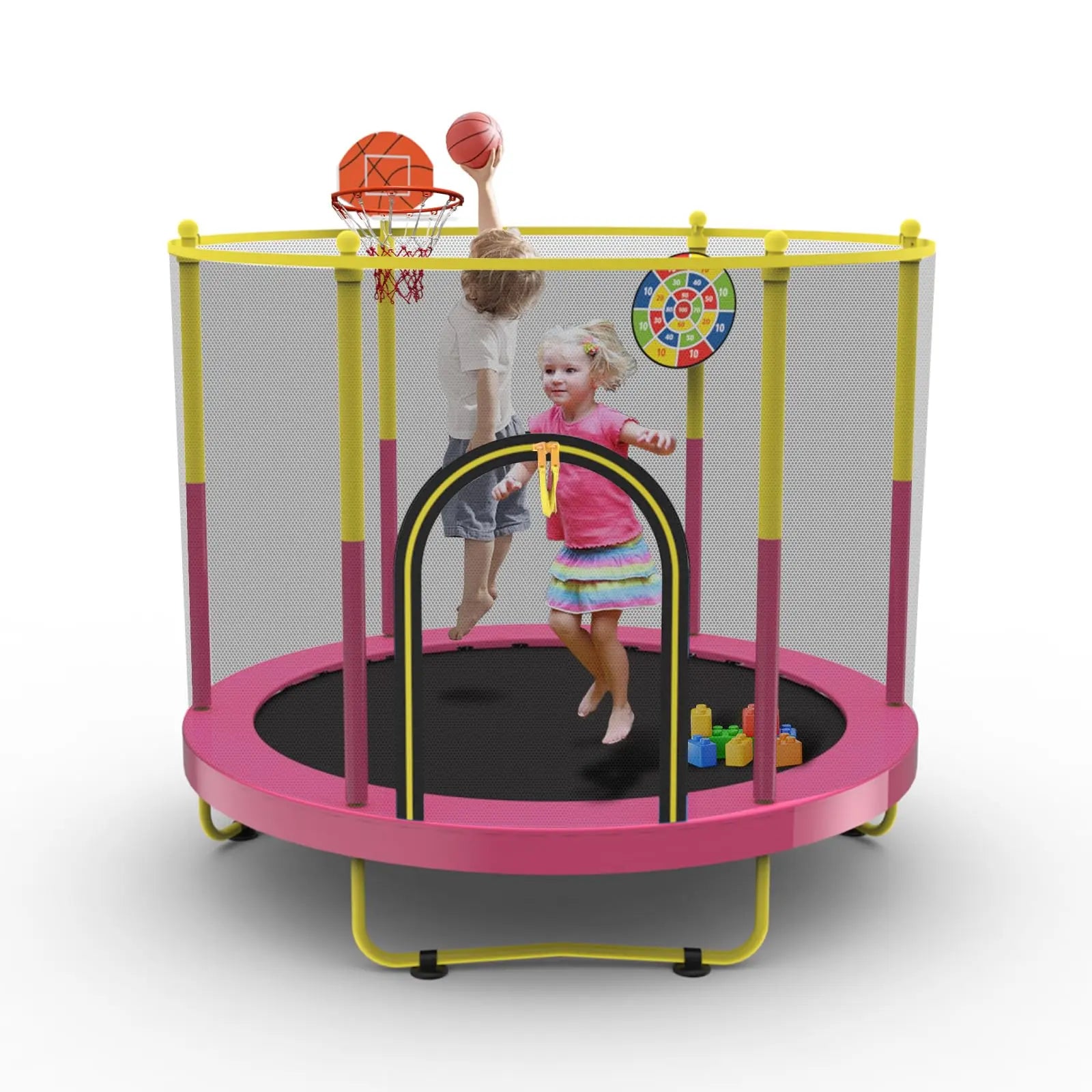 60" Trampoline for Kids with Net, 5FT Indoor & Outdoor Small Toddler Trampoline with Basketball Hoop & Dart Board for Ages 1-8,