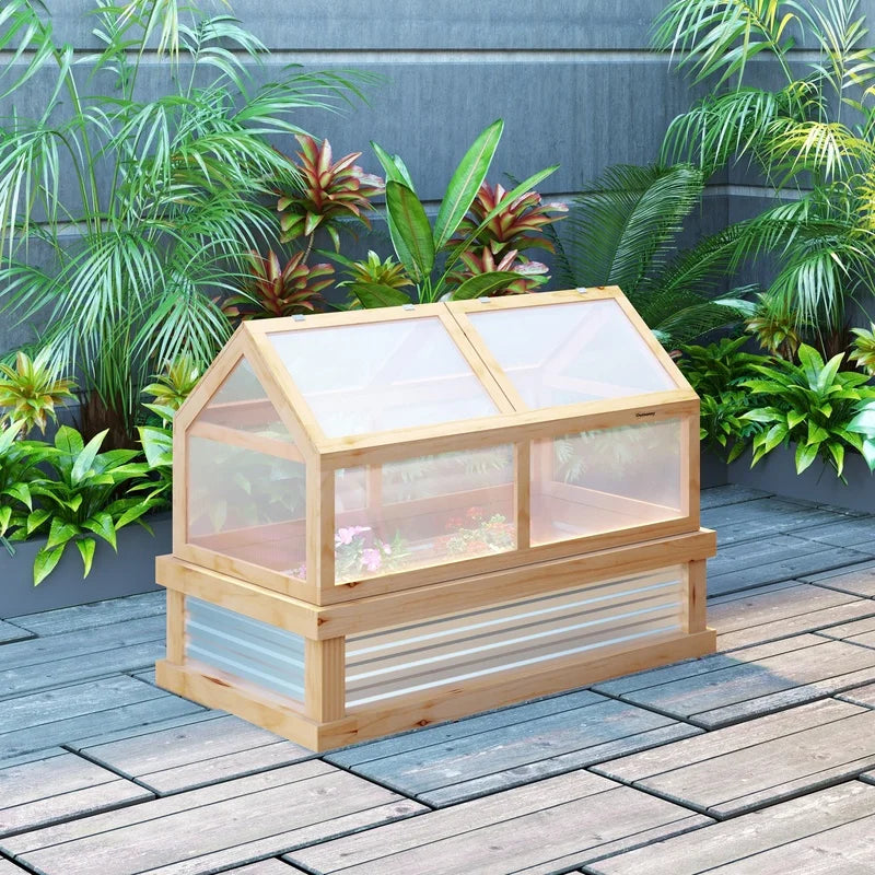 Outsunny 48" x 24" x 32" Wooden Raised Garden Bed with Polycarbonate Greenhouse and Cold Frame Cover, Natural Finish