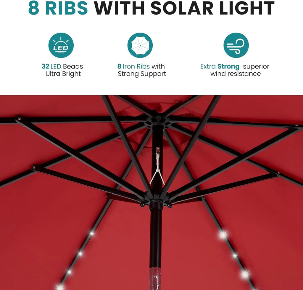 10FT Solar Patio Umbrella with 32 LED Lights, Tilt & Crank, Waterproof