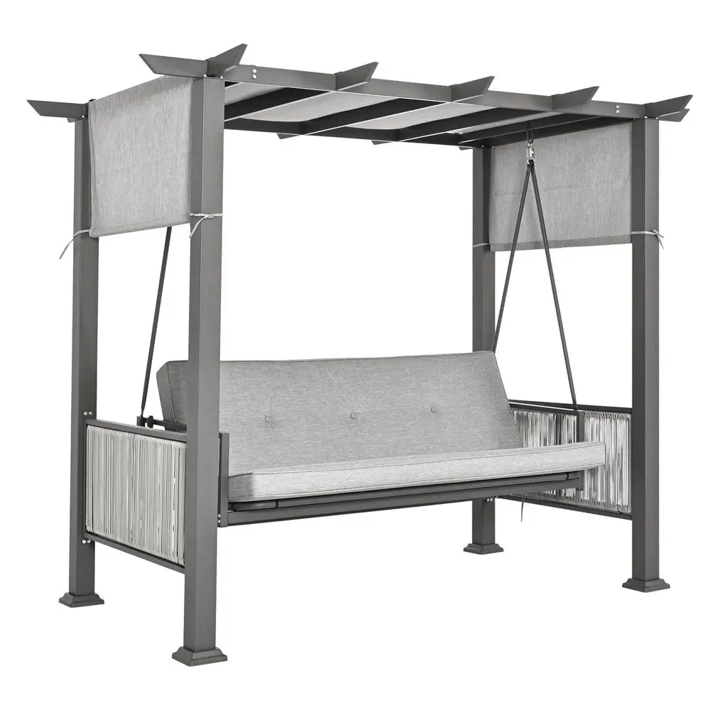 Seat Pergola Swing Bench, 2in1 Porch Swing Bed, Garden Swing Adjustable UV Canopy amp Curtains, Olefin Cushions, 330 lb Seat, R