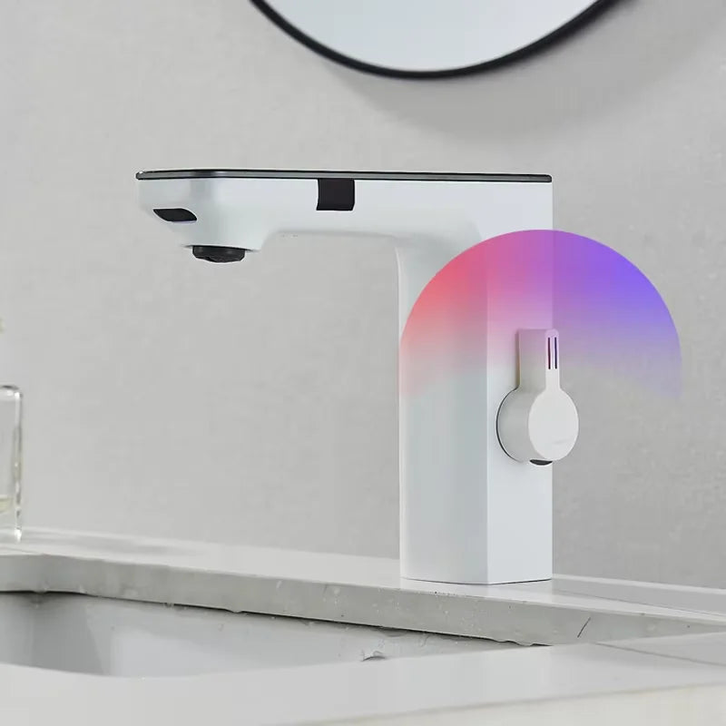 Bathroom Sink Faucet, Sensor On/Off, Digital LED Water Temperature Display, White Or Chrome Available