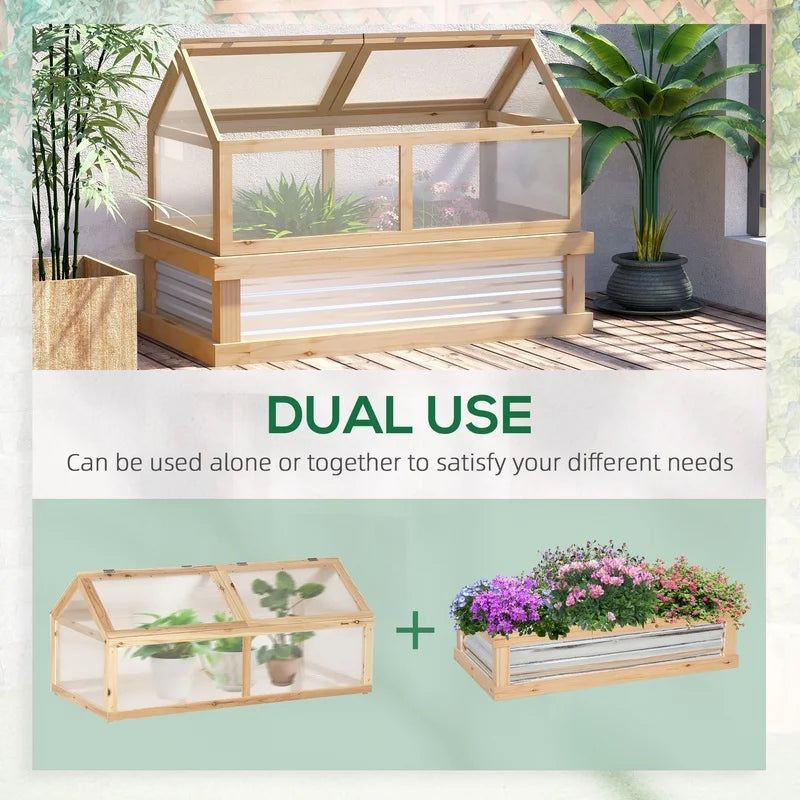 Outsunny 48" x 24" x 32" Wooden Raised Garden Bed with Polycarbonate Greenhouse and Cold Frame Cover, Natural Finish