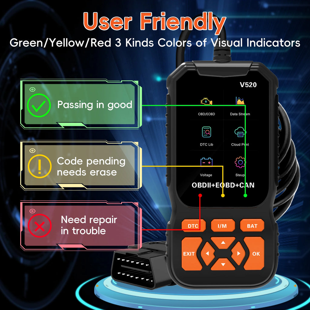 V520 OBD2 Scanner Diagnostic Tool Code Reader for All OBDII Cars | Read & Clear Engine Codes, Live Data Stream, Battery Test, I/M Readiness, O2/EVAP Test, OBDII/EOBD