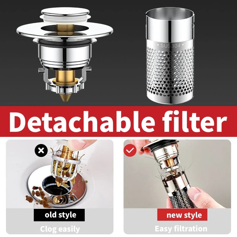 Pop-up sink/Tub stopper, Hair Catcher, Detachable Filter, Stainless Steel