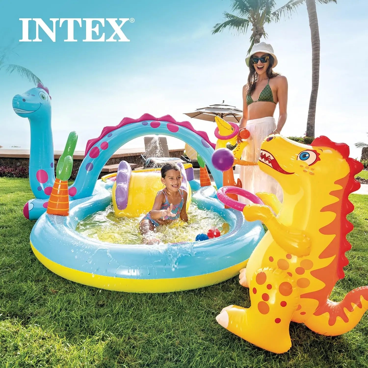 Kiddie Inflatable Outdoor Swimming Pool Dinoland Play Center 11 Foot 7.5 Foot 44 Inch