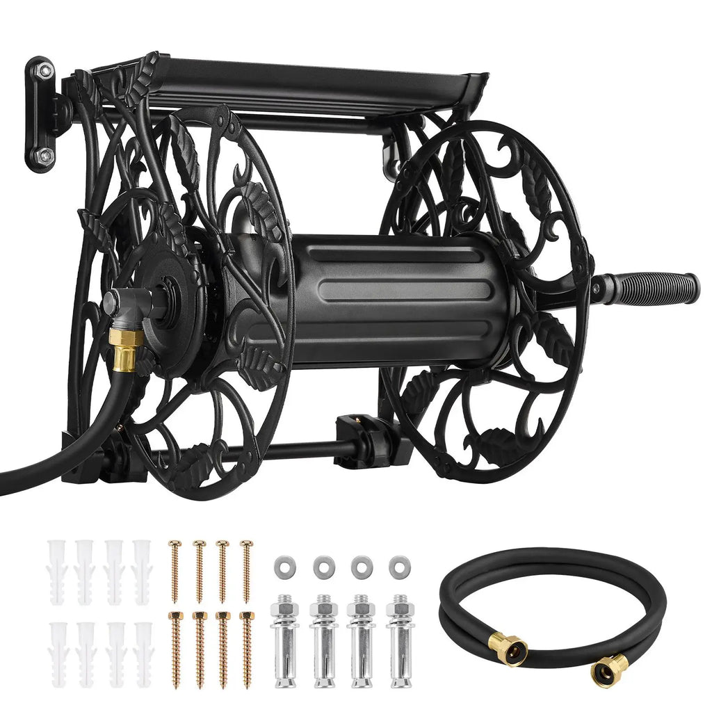 Wall Mounted Garden Hose Reel, Holds 135 Feet of 5/8-inch Hose, Outdoor Heavy-Duty Waterhose Holder Winder, with Widened Top Tray, Aluminum Alloy Connector, Decorative Pattern, for Backyards