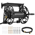 Wall Mounted Garden Hose Reel, Holds 135 Feet of 5/8-inch Hose, Outdoor Heavy-Duty Waterhose Holder Winder, with Widened Top Tray, Aluminum Alloy Connector, Decorative Pattern, for Backyards