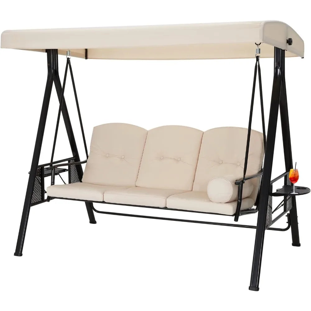Outdoor Porch Swing 3-Seat with Adjustable Canopy, Beige Cushions for Backyard Garden Poolside