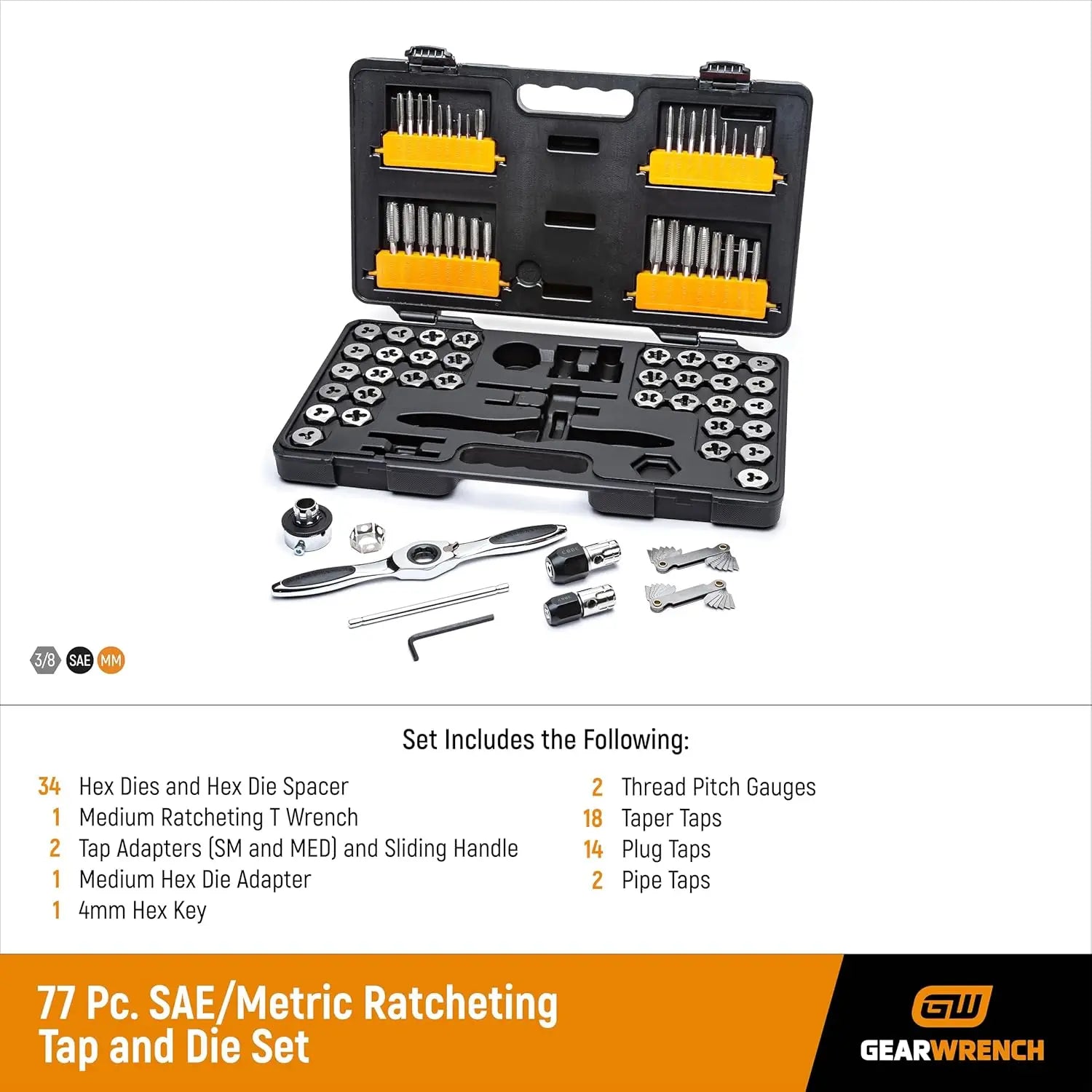 75-Piece SAE/Metric Ratcheting Tap and Die Set - 5° Swing Arc, Reversing Lever, Twist Lock Guide