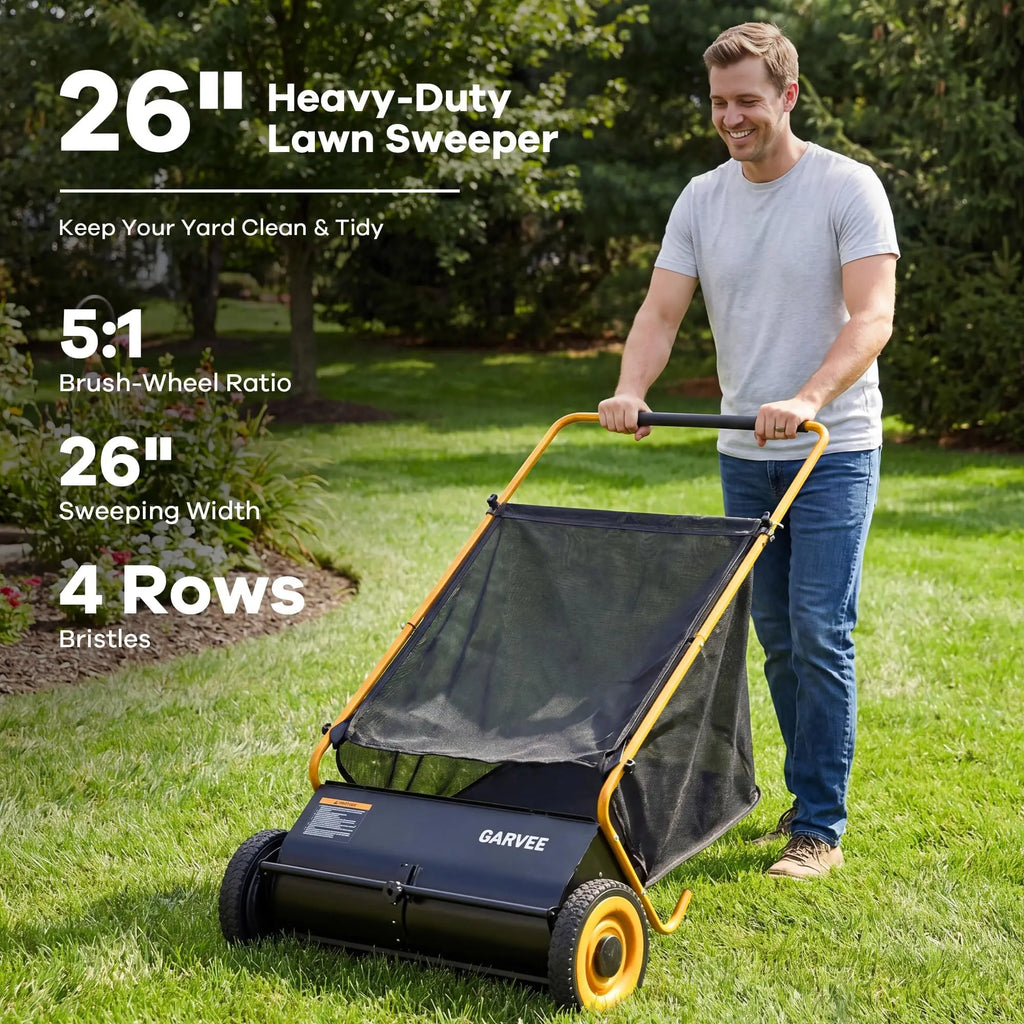 HiMiss Push Lawn Sweeper 26in Leaf & Grass Collector, 7 Cu.Ft Hopper Bag With Cover, Adjustable Brush Height, Steel Yard Sweeper