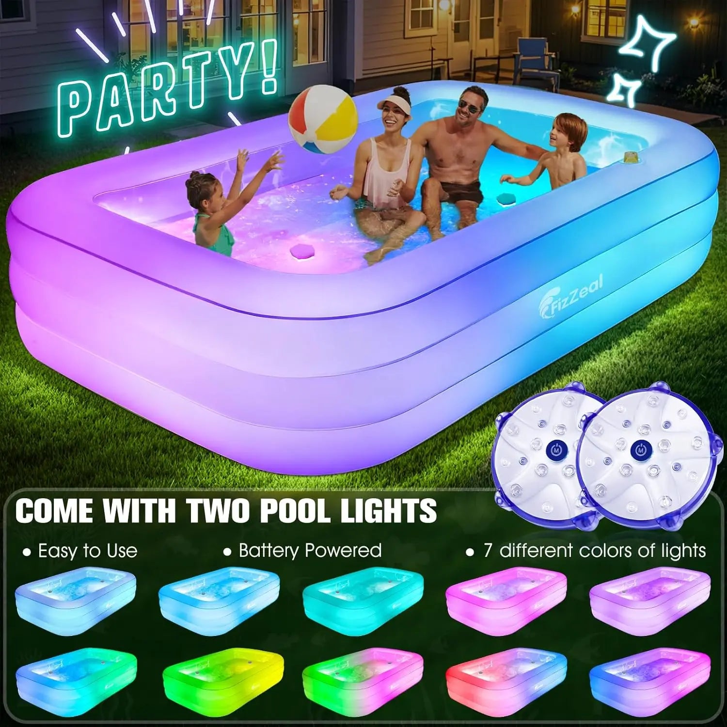 Inflatable Pool with Seat and Pool Lights, Durable Thickened Large Size Family Inflatable Pools for Adults Blow Up Pools,110" x