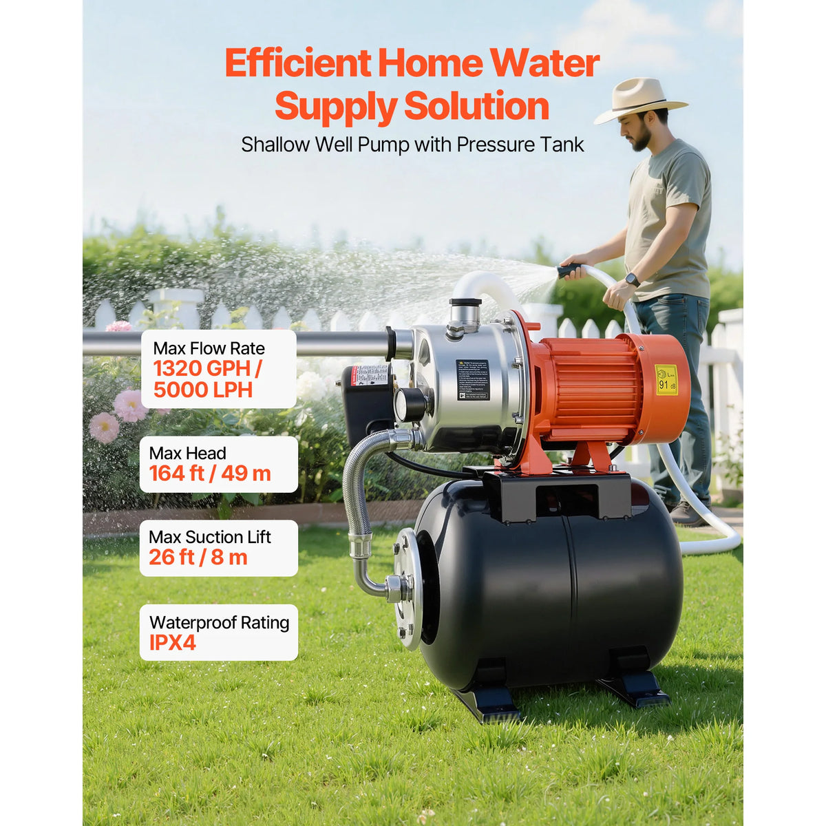 SucceBuy 1.6 HP Shallow Well Pump with Pressure Tank 120V 1320 GPH Stainless with 5Gal Pressure Tank for Home Lawn Potable Water