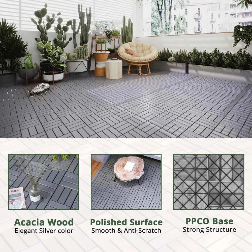 Acacia Wood Deck Tiles, Interlocking Outdoor Indoor Flooring Mats. (12x12 Pack 30, Light Gray)