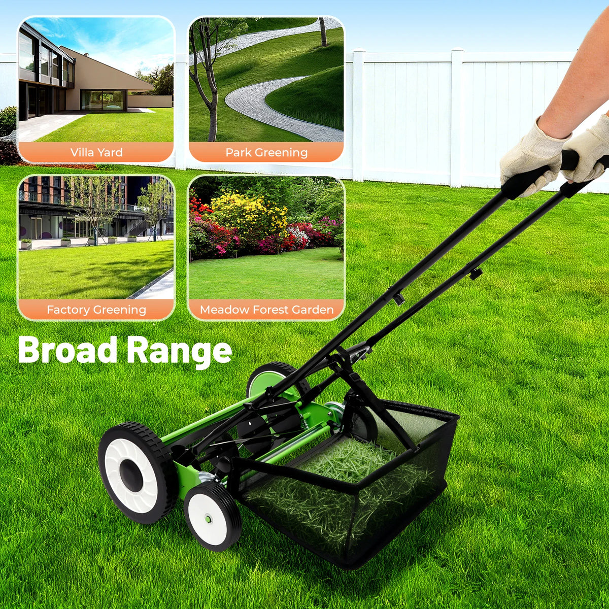 Bymaocar 16 Inch Manual Push Reel Lawn Mower 5-Blade Cordless Lawn Mower with 4 Wheels and Removable Grass Catcher for Home Garden Yard