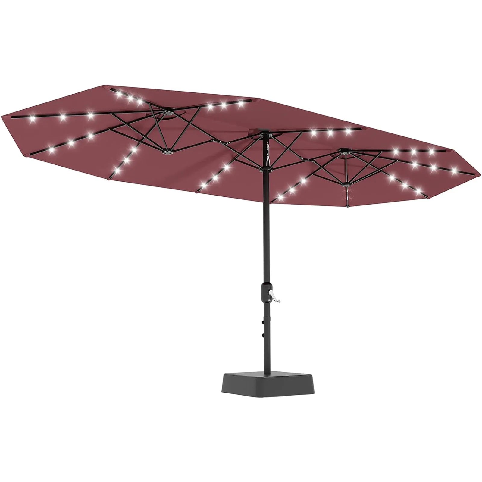 15Ft Outdoor Patio Umbrella, Umbrella With Solar LED Lights & Base, Large Rectangle Sunshade W/Crank Handle, UV Protection For Pool/Lawn