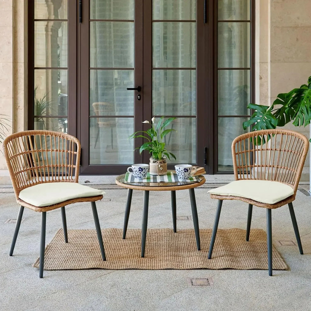 3 Piece Outdoor Wicker Bistro Set, Patio Conversation Set, 2 Large Rattan Chairs W/Tempered Glass Table, Patio Furniture