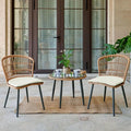 3 Piece Outdoor Wicker Bistro Set, Patio Conversation Set, 2 Large Rattan Chairs W/Tempered Glass Table, Patio Furniture