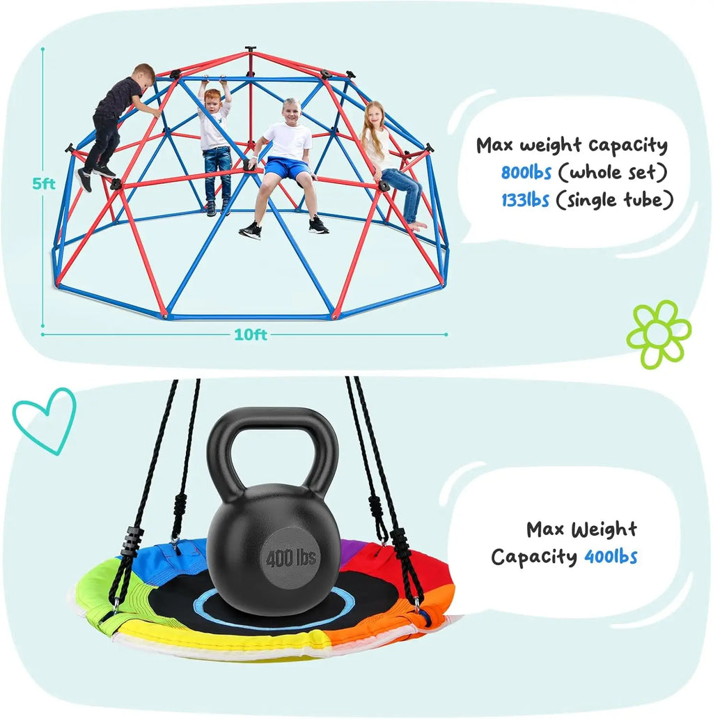Hapfan Climbing Dome Swing Set with LED Saucer Swing, Jungle Gym for Kids Outdoor Backyard, Supports 800lbs, Easy Asssembly, Rus