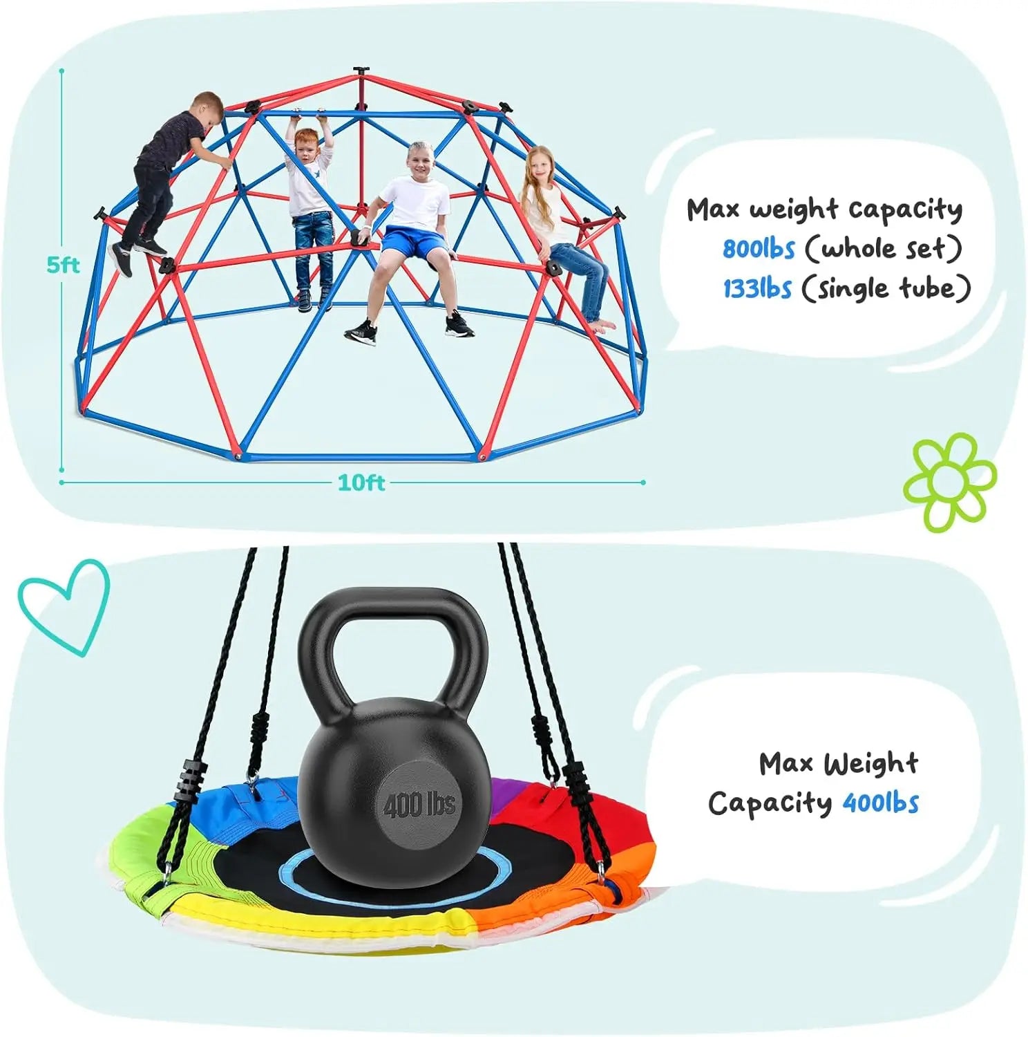 Hapfan Climbing Dome Swing Set with LED Saucer Swing, Jungle Gym for Kids Outdoor Backyard, Supports 800lbs, Easy Asssembly, Rus