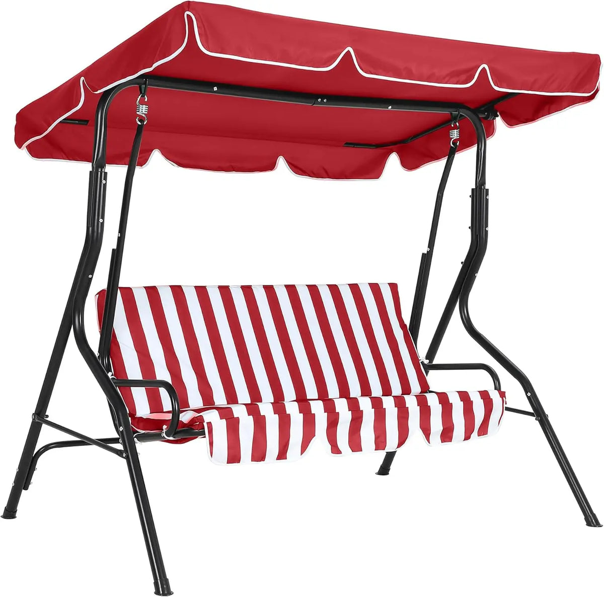 Outdoor Swing Chair with Adjustable Canopy, 3 Seat Stable Metal Frame Porch Swing Heavy Duty Stand Swing for Backyard Patio Lawn, Available in Red or Green