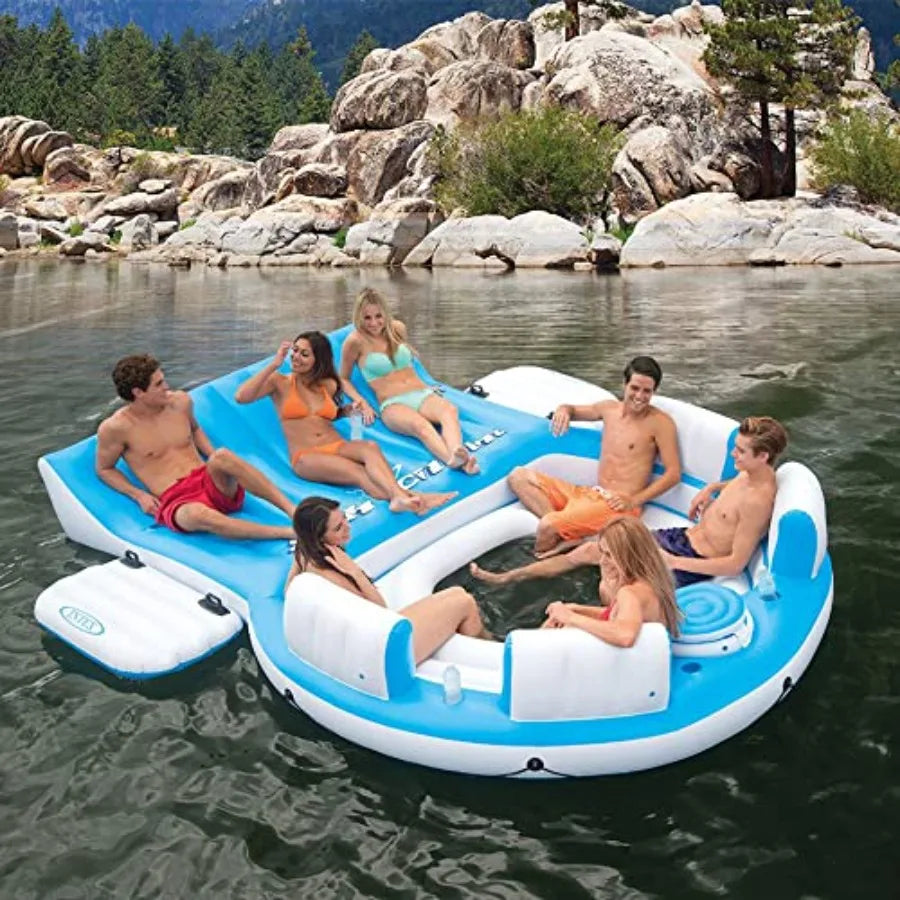 YAO HUI HUANG Splash N Chill inflatable lake and pool relaxation island lounger seat for up to 7 adults PVC material blue and white extra-large W/Built-In Cooler