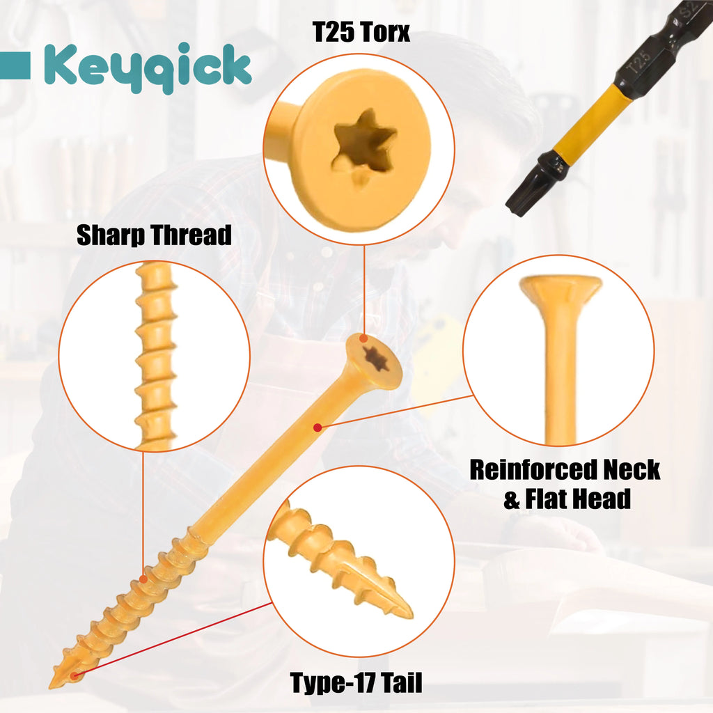 Keyqick 520PCS Rust Proof, Epoxy Coating, #8, #9, #10 Yellow Torx Wood Screws, Yellow Plum Blossom Wood Screws, Rustproof Heavy-Duty Screws with T25 Bit & Toolbox for Outdoor Deck Furniture, Torx/star Drive Head