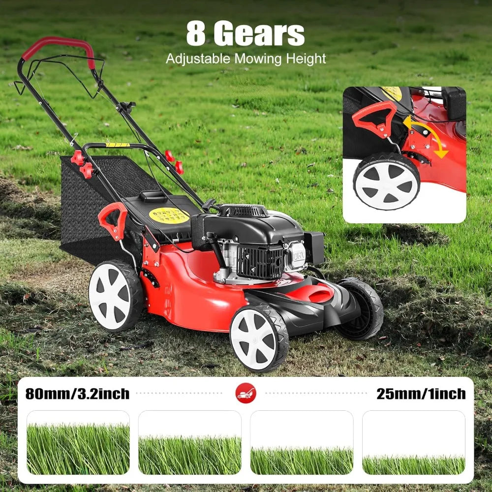 140cc 4-Stroke Self-Propelled Gas Lawn Mower, 20.5in High Wheel RWD, With Bag, Adjustable Height