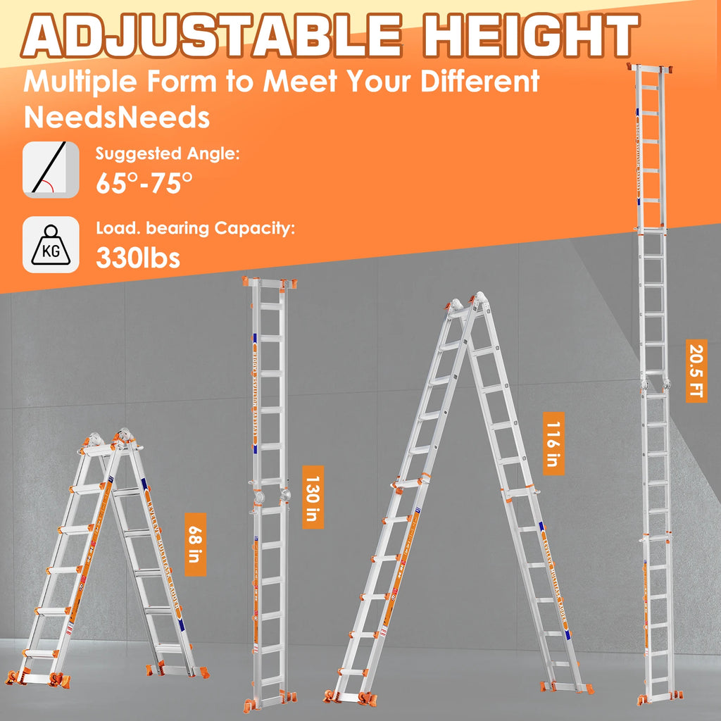 LEVELEVE 22FT Multi Position Ladder,A Frame 6 Step Ladder with Stabilizer Bar & Wheels,330 lbs Security Load