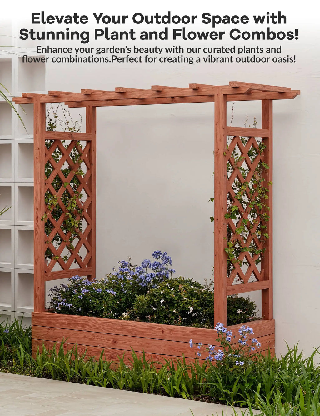 Wooden Raised Garden Bed with Trellis/Canopy/Drainage Hole Freestanding Planter Box for Climbing Plants Vines Blossoms